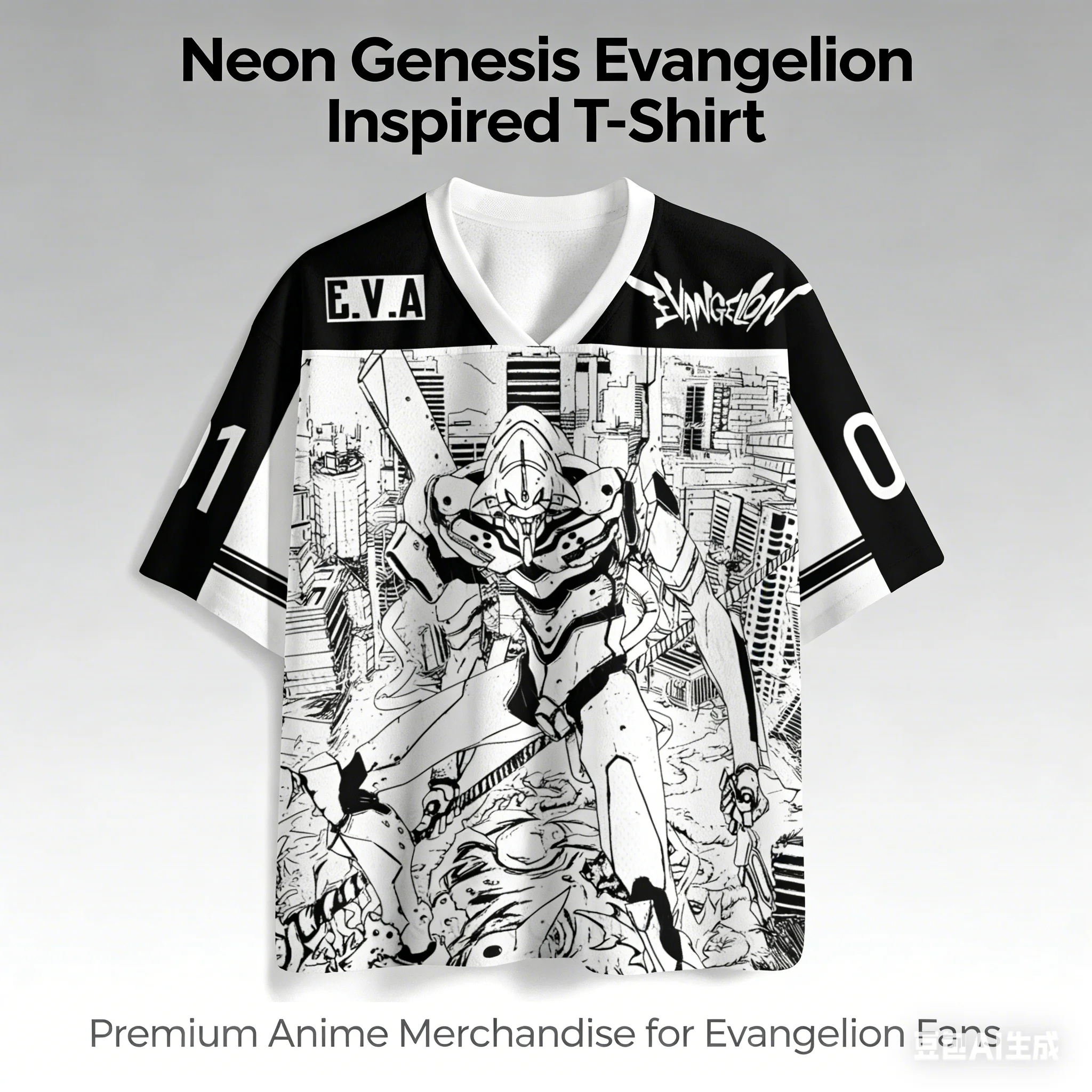 Sudadera de Hombre con Diseño de Evangelion Unidad-01 en Blanco y Negro, Camiseta de Manga Corta con Cuello en V, Ropa Casual Urbana para Fans del Anime y Mecha