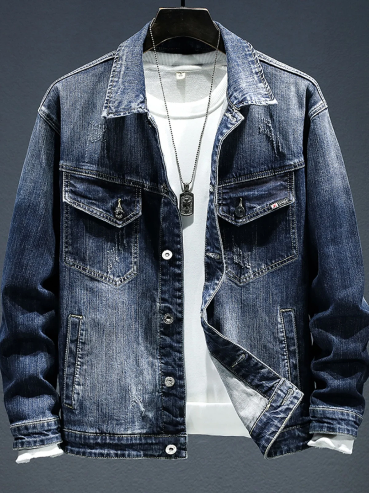 

Retro Trendy Men's Denim Jaet Casual Spring Autumn Sle High End Cotton Polyester Blend Long Sve Youth Faion Outerwear