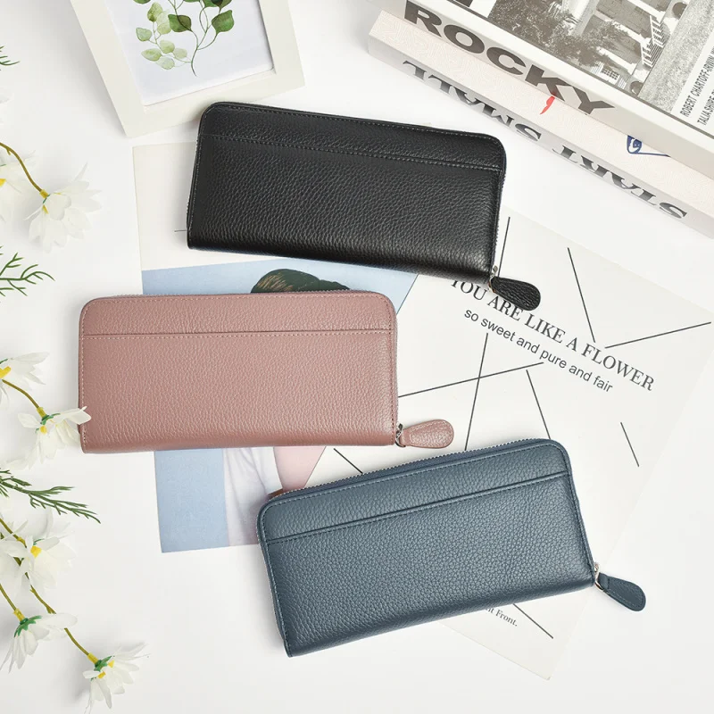 Western RFID Blocking Long Leather Women Wallet Multiple Card Slots Large Capacity Zipper Purse for Ladies
