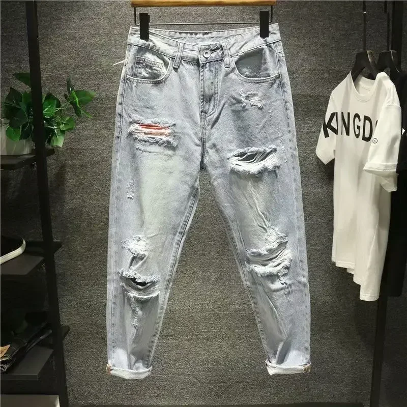 

Men's Jeans Light Blue Trousers with Holes Ripped Man Cowboy Pants Japanese Street Style Broken Cropped Torn Classic Original Xs