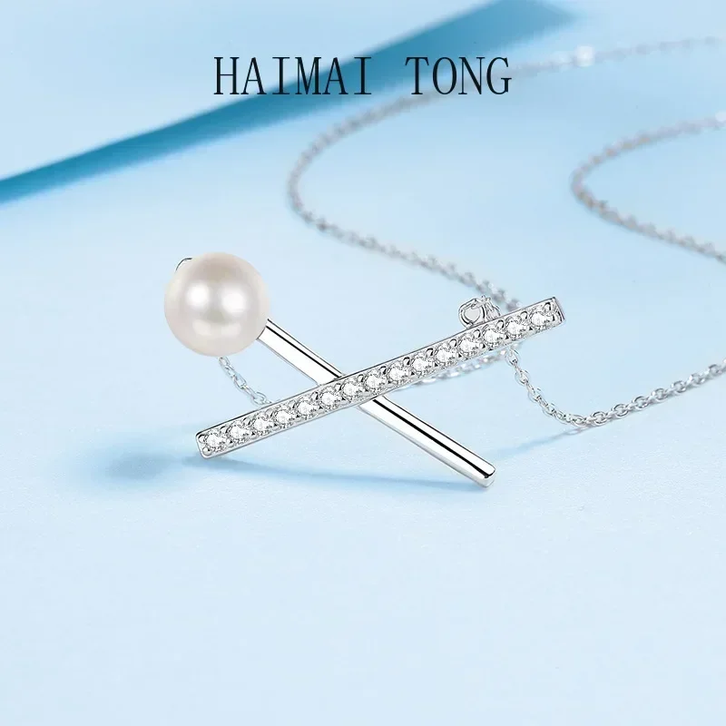 

Luxury Platinum Pt950 Cross 0.375 CT Moissanite Diamond Necklace for Women popular Pendant 8mm Pearl Natural Freshwater Jewelry