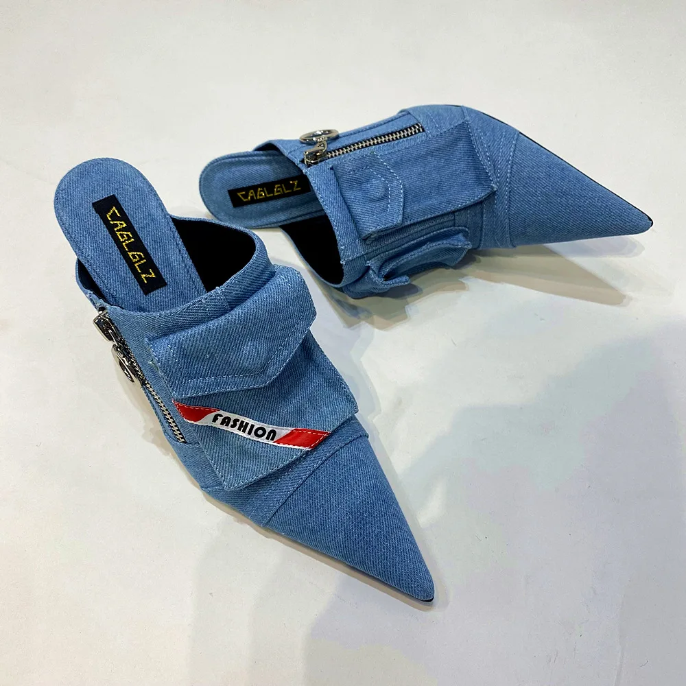 2023 New High Heel Pointed Slippers Washed Denim Vintage Personalized Distressed Sandals European and American Large Shoes