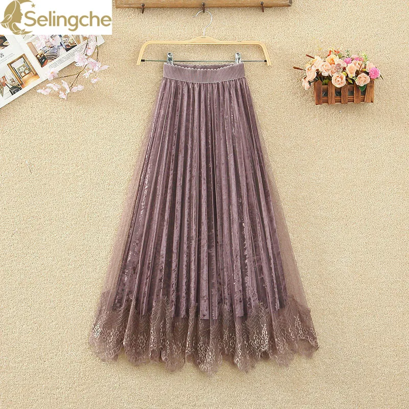 Golden Velvet Pleated Skirt for Women in Autumn and Winter New High Waisted Slim A-line Skirt Mid Length Lace Mesh Skirt