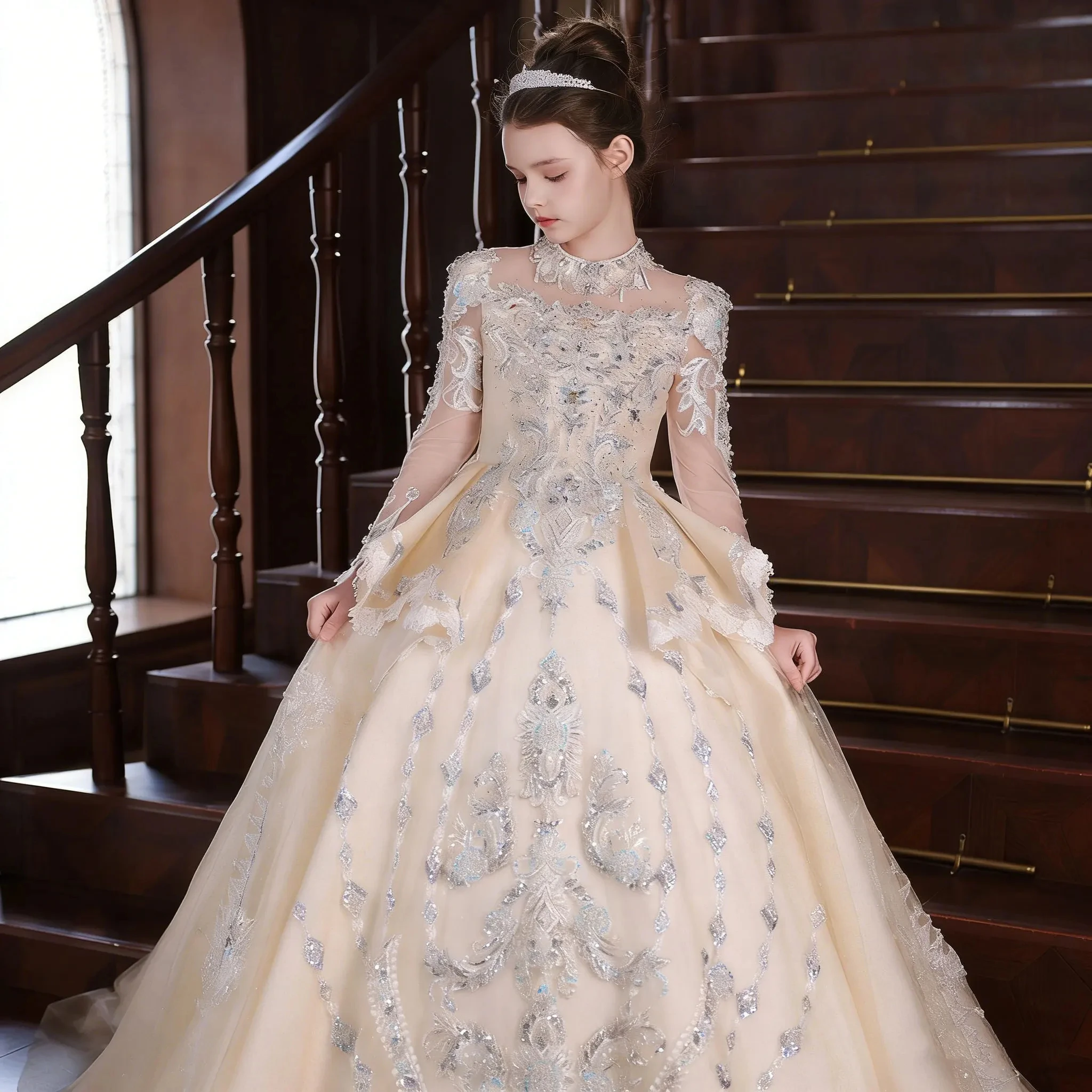 Maßgeschneidertes Blumenmädchenkleid für die Hochzeit, Applikationen, lange Ärmel, bodenlang, luxuriöses Kleid für Kindergeburtstage, Erstkommunion