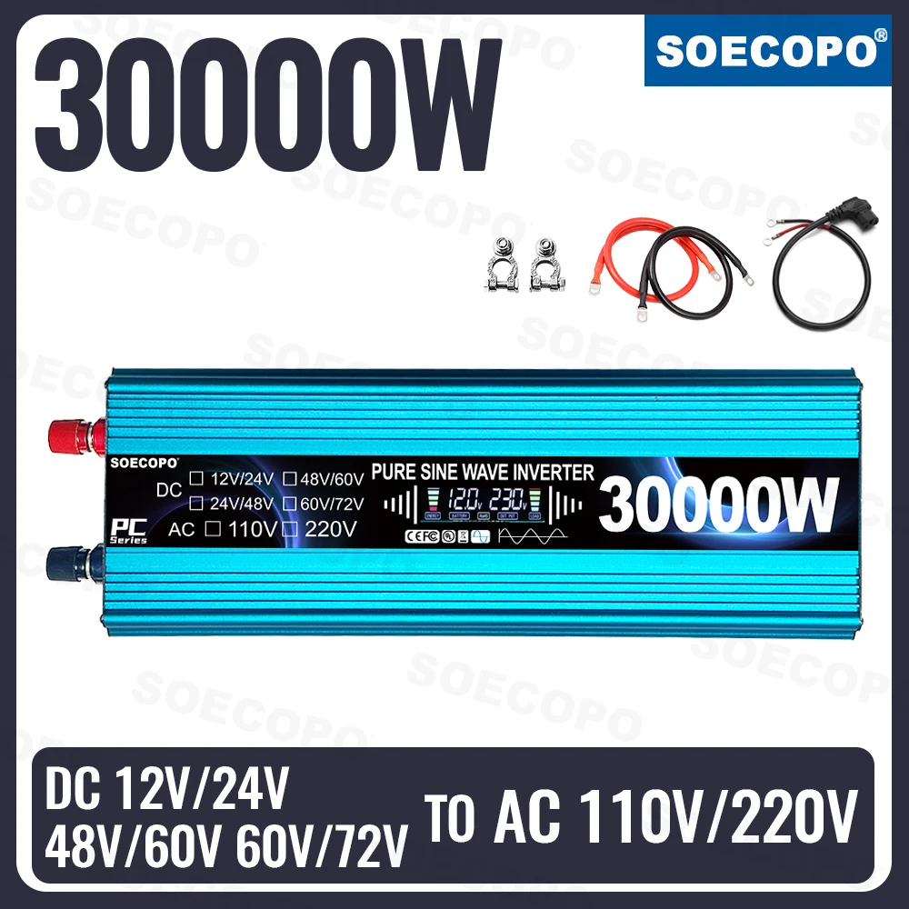 

SOECOPO 30000W 12V/24V to 110V/220V Pure Sine Wave Inverter Car Voltage Converter (Dual voltage Input) Camping Car Accessories