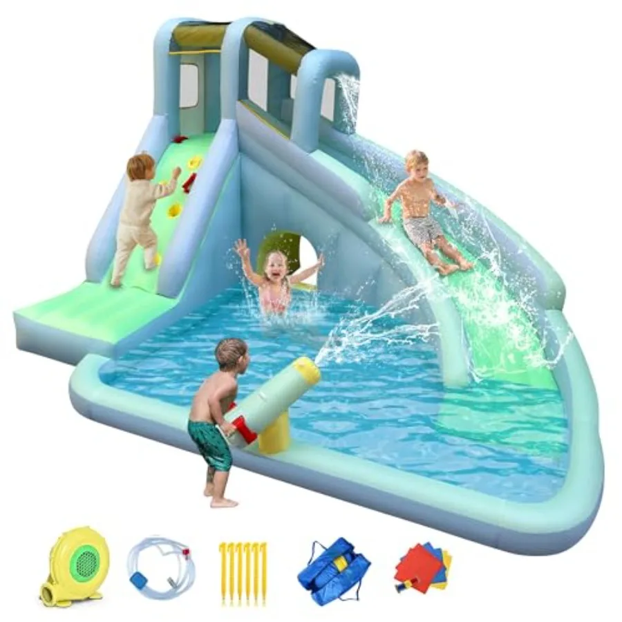 

6 in 1 Bounce House Waterslide for Indoor Outdoor Use with Large Slide Climbing Wall Splash Pool Water Cannon in Blue and Yello