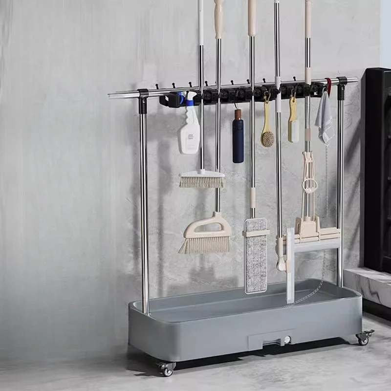 

Mobile floor mop rack, sanitary tool rack, stainless steel storage mop broom rack