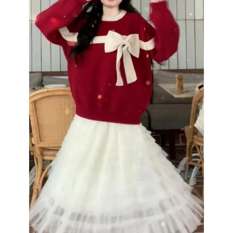 Women Chinese New Year Christmas Red Bow Sweet Chic Knitted Sweater Autumn and Winter Long Sleeve Loose Soft Thick Pullover Tops