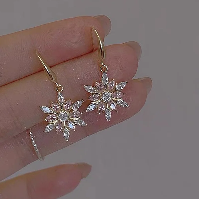 Shiny Crystal Christmas Gold Plated Snowflake Zircon Pearl Earrings Hook For Women Dangle Hook  Xmas Party Jewelry Gift