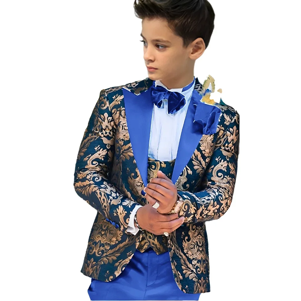 Floral Boy Suits for Wedding 3 Pieces Set Kids Groom Tuxedo Top Jacket with Vest Pants Custom Made 3-16 Years Old Child Suit