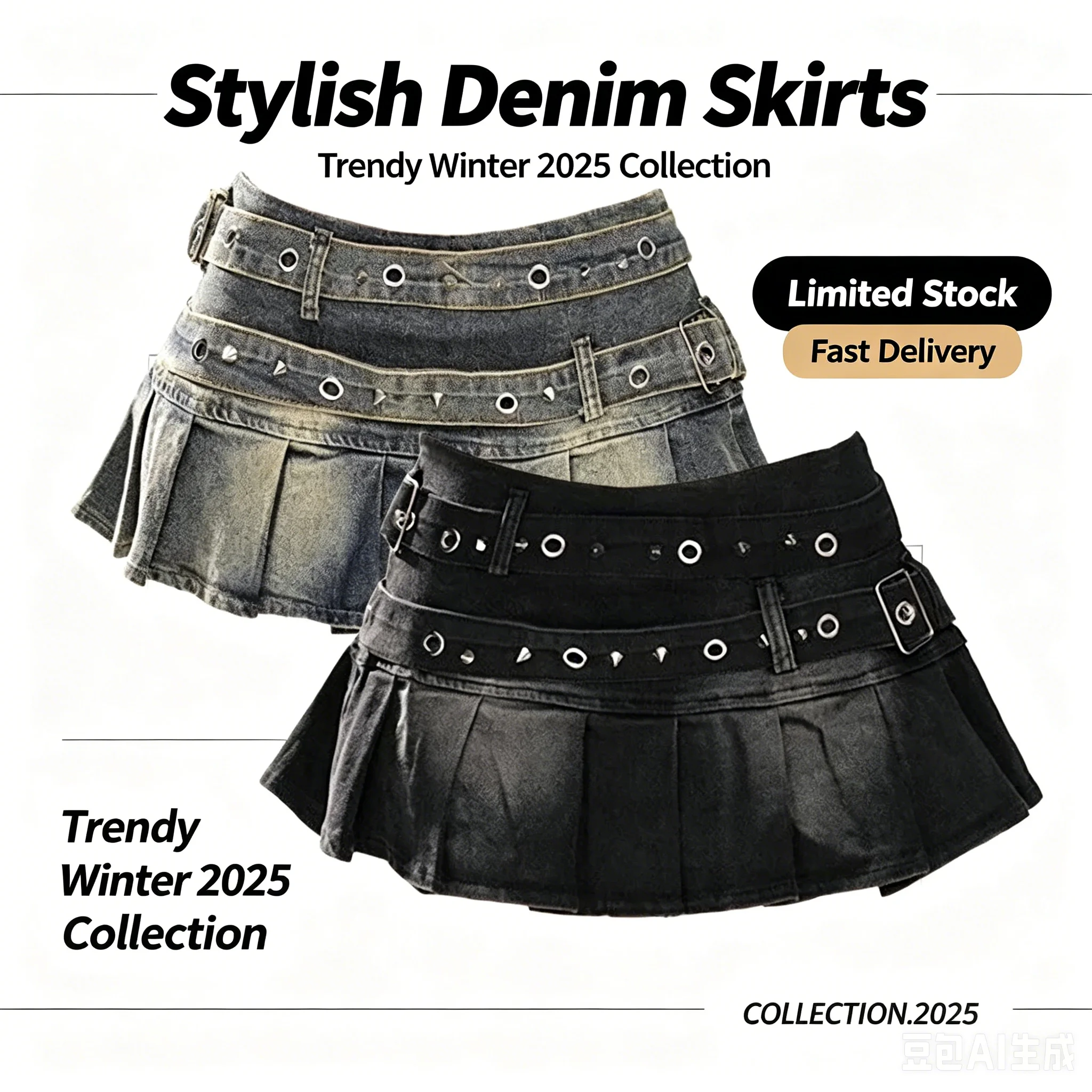 Women's Blue Black Riveted Belt Denim Skirt Y2K Harajuku High Street Fashion 90s Sexy A-line Mini Skirt Summer Clothing 2025 New