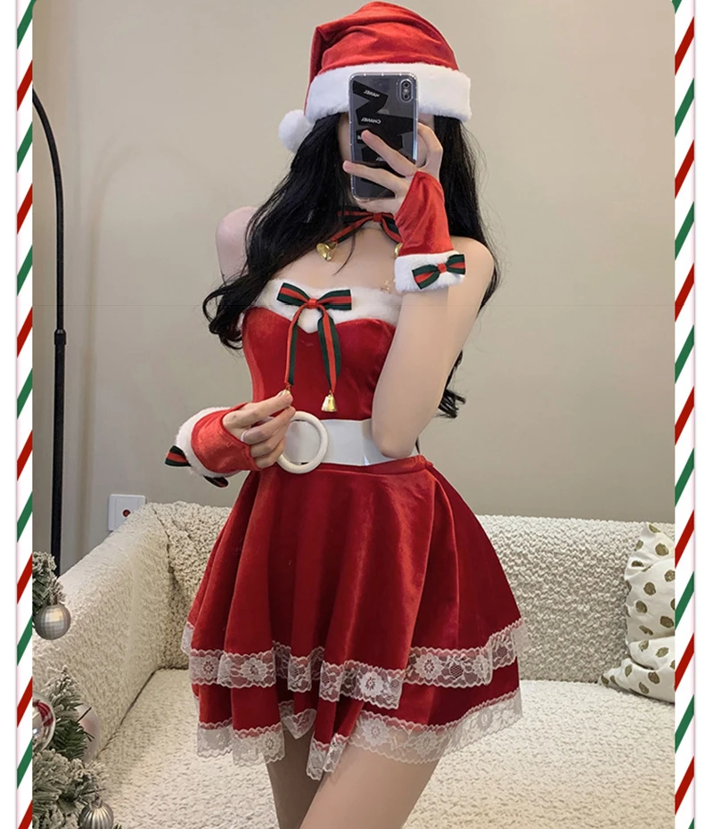 New Womens Girls Christmas Velvet Dress Miss Santa Claus Outfits Lady Cosplay Fancy Dress Xmas Lolita Maid Uniform Sexy Lingerie