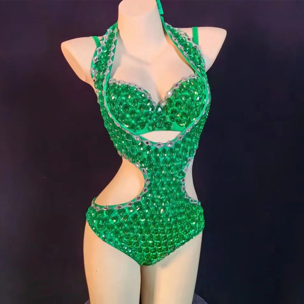 

Women Stage Rhinestone Crystals Bodysuits Costumes Sexy Green Bra Short Clothing Set Female Singer DJ DS Dance Stage Wear