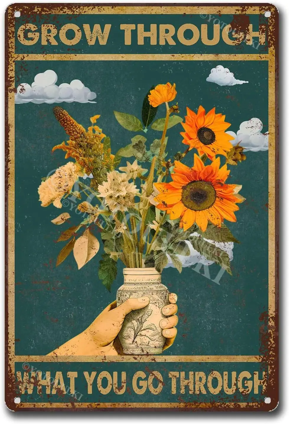 Metal Tin Sign Sunflower Grow Through What You Go Through Wall Decoration For Cafe Coffee Bars Restaurants Pubs Man Cave De sign