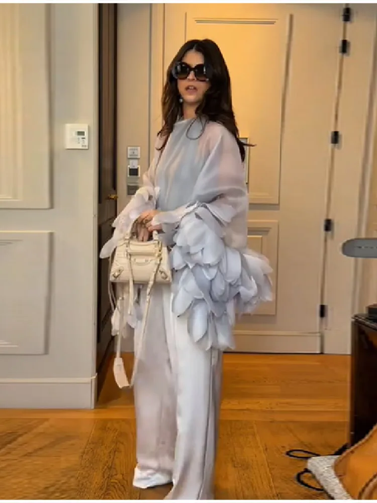 Retro Modern Sheer Blouse Chic Light Blue Loose Elegant Tops Women Trendy Stylish Ladies Vocation Spring Street Outfits