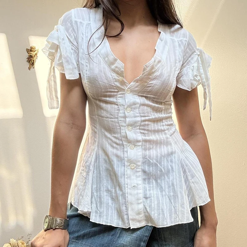 [RUOKE] French Style Elegant Blouse Women Summer Ruffle Sleeve Bandage Slim Fit Vacation Casual Shirt All-match Daily Top Office