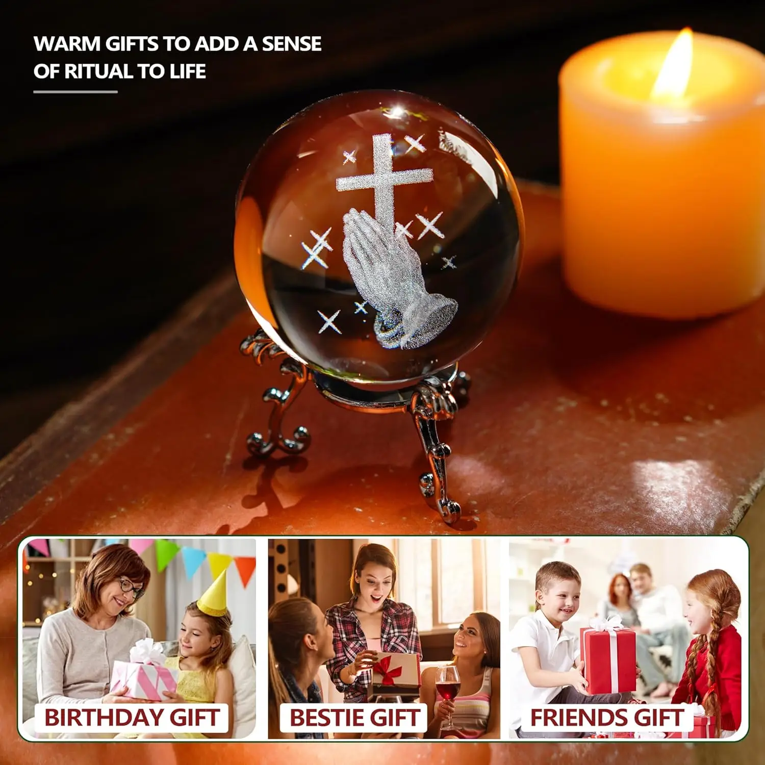 60mm Hand Holding Cross Crystal Ball with Metal Stand Christian Collectible Decoration for Home