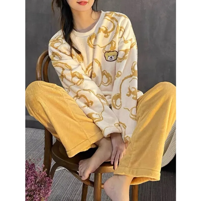 Autumn New Warm Round NeckLong Sleeve 2 Piece Outfit Set Women Plush Home Clothes for Women Cute Printing Pajamas for Girls