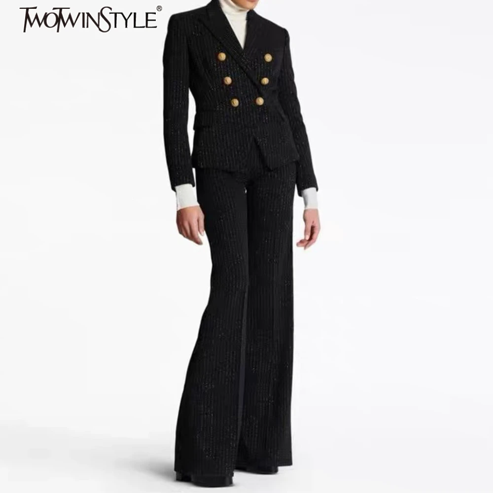 

TWOTWINSTYLE комплекты из двух предметов для женщин, двубортный пиджак с лацканами и длинными рукавами, женские лоскутные брюки в полоску с высокой талией