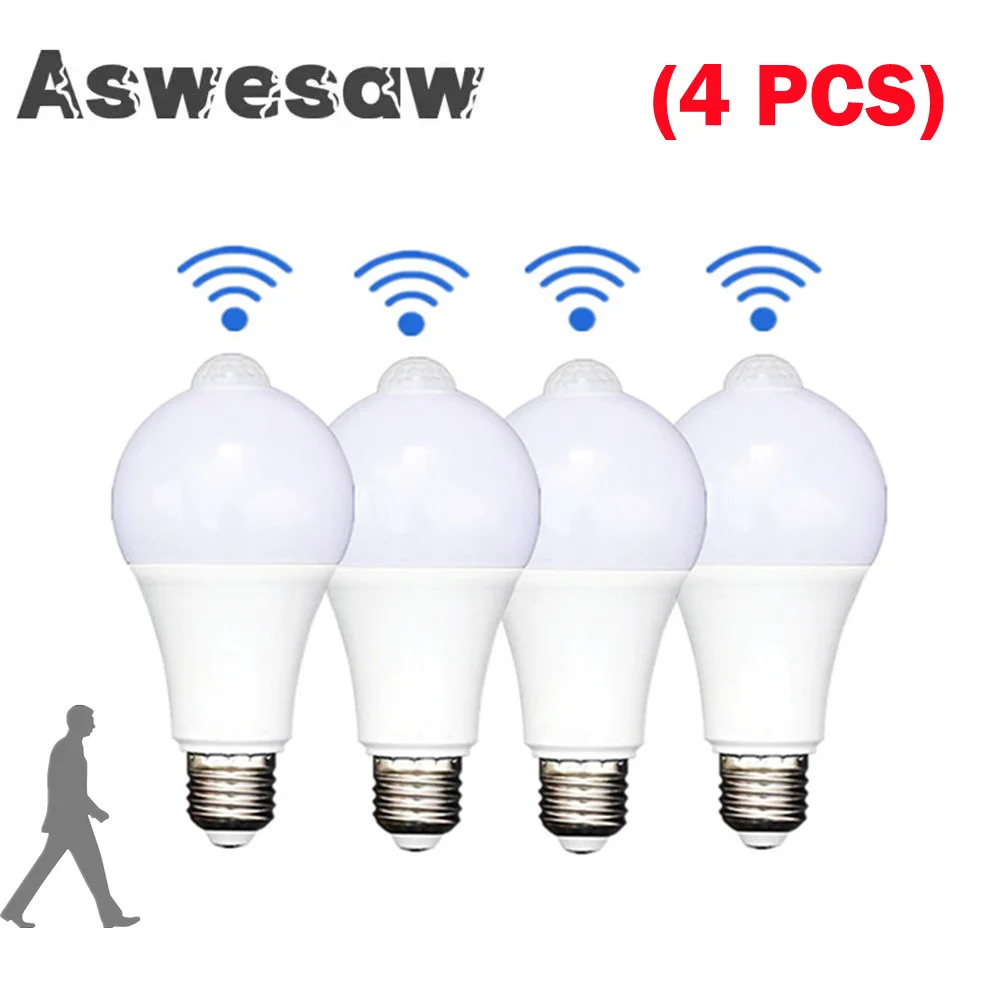 4 Pcs E27 PIR Motion Sensor Lamp 85V-265V 12W 15W 18W LED Bulb with Motion Sensor Infrared Radiation Motion Detector Light