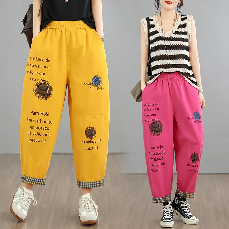 

Summer Fashion Letter Cartoon Print Loose Casual Harlan Jeans Women's plus Size Color Elastic Waist Thin Denim Cotton B...