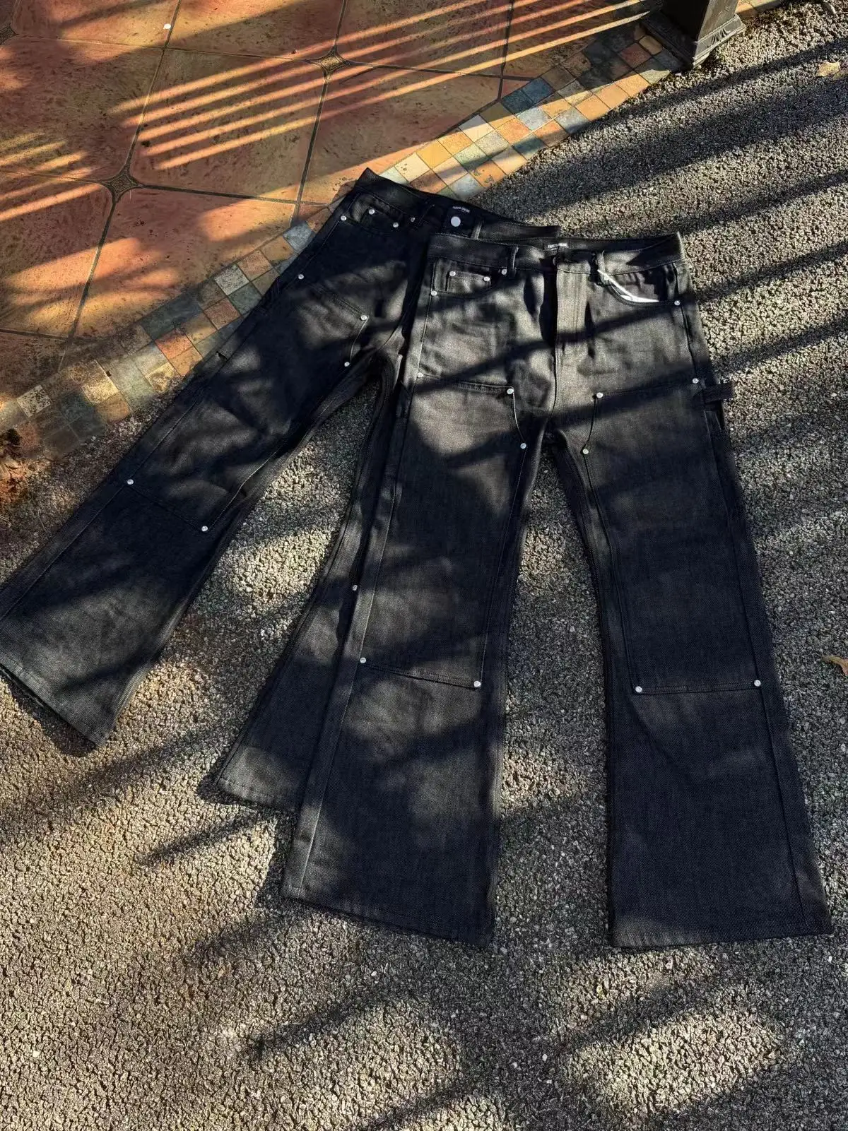 Cleanfit Vintage Distressed Patchwork Rhinestone Design Black Original Denim Workwear Men's Flared Jeans Stylish And Durable