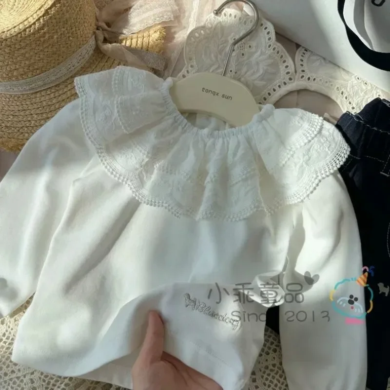 

2026 New Girls' Spring and Autumn Top Soft Cotton Versatile Children's Collar Embroidered Pure White Doll Shirt T-shirt