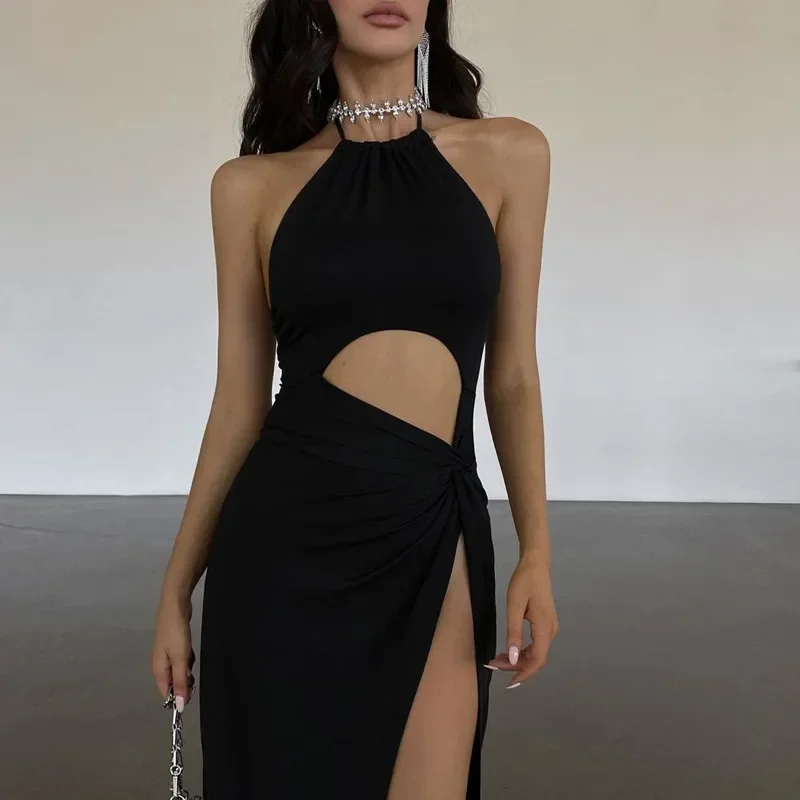 2024 Sexy Prom Party Black Long Dress Elegant Waist Hollow Out High Split Summer Dresses Fashion Backless Lace Up Women Robe