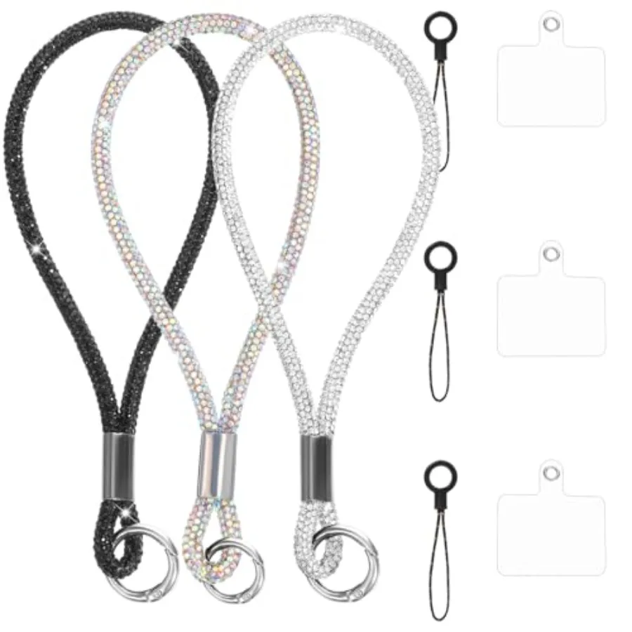 

3 Pcs Bling Rhinestone Phone Wrist Strap Full Diamond Pendant Wrist Strap Bling Keychain Wristlet Lanyard for Women Phone Charm