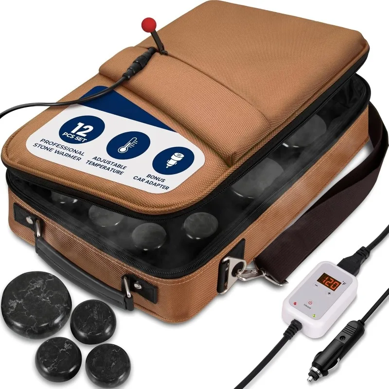 

Portable Massage Stone Warmer Set - Electric Spa Hot Stones Massager and Heater Kit with 6 Large and 6 Small Round Sh