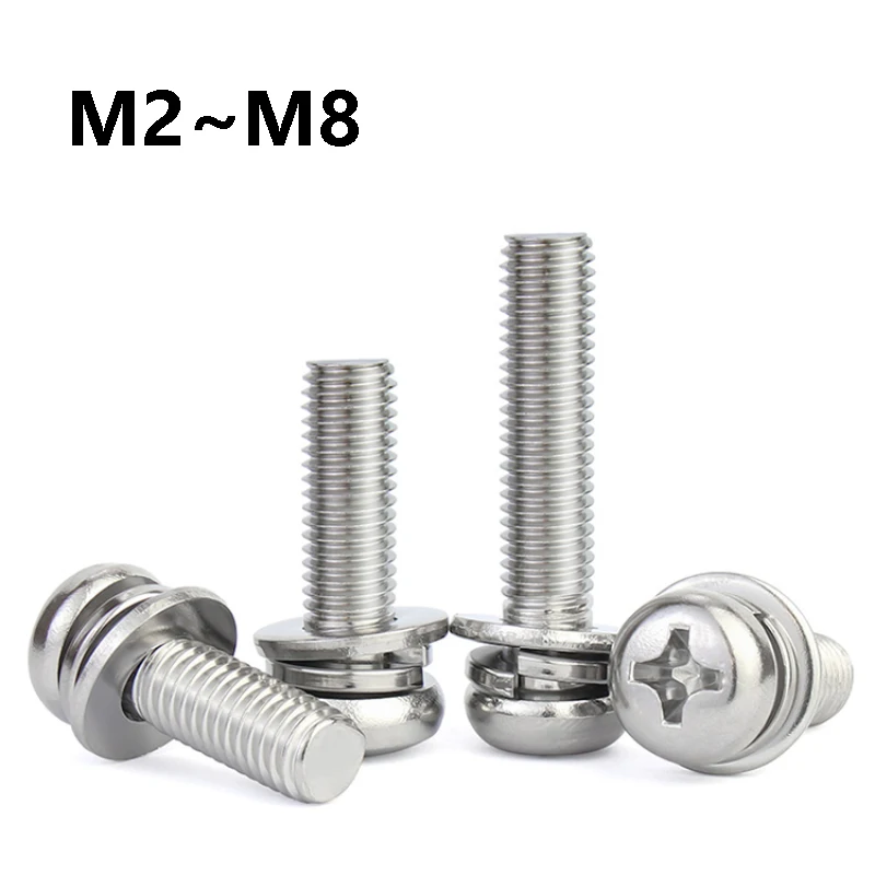 M2 M2.5 M3 M4 M5 M6 M8 Cross Phillips Pan Round Head Bolts with Flat & Split Lock Washer Sems Screws