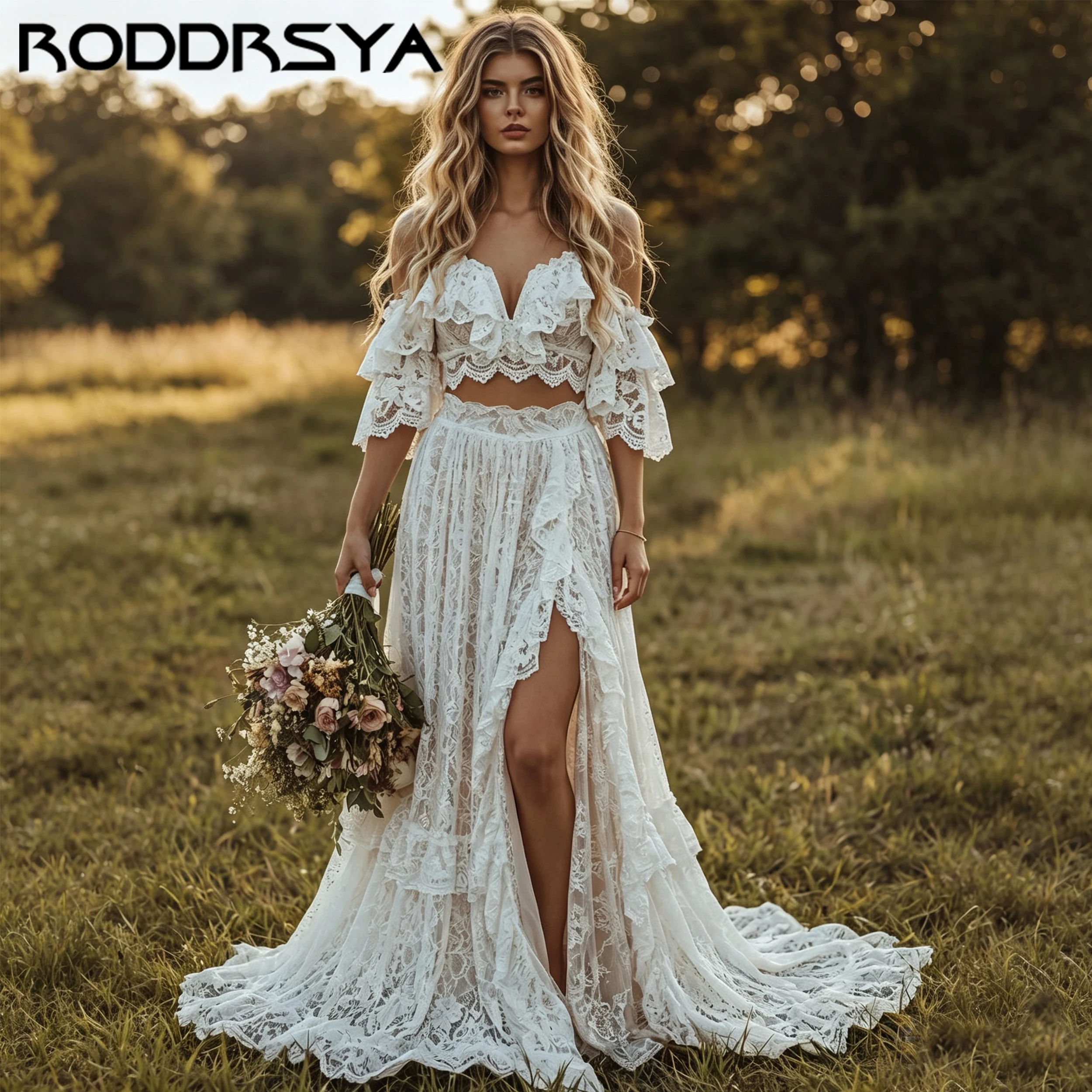 RODDRSYA Bohemian Lace Wedding Dress For Women Sweetheart A-Line Bride Gown High Split Off The Shoulder Brautkleid Customized