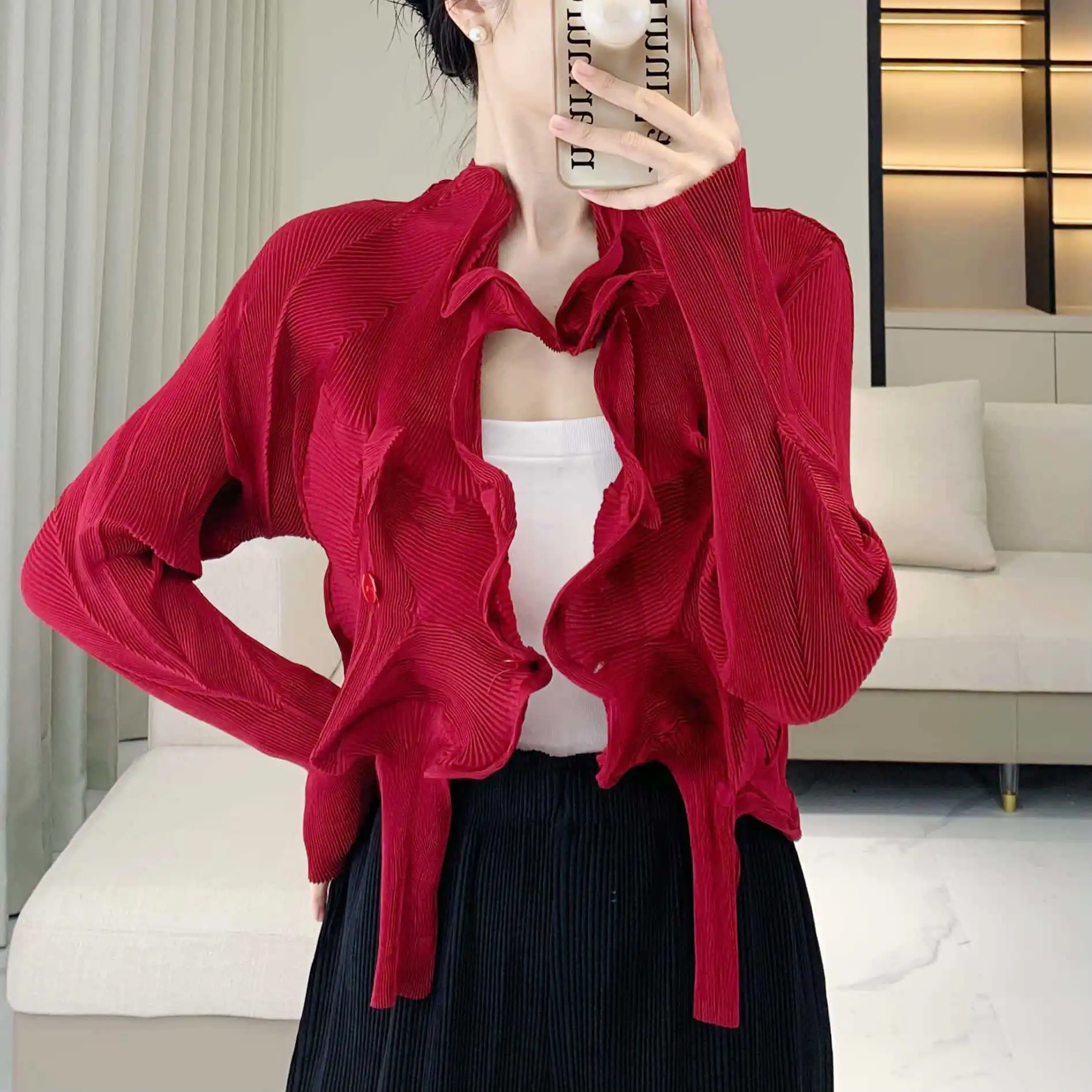 Pleats Pleated Shirt Design Sense Minority Flower Bud Sun Shirt Fold Blouse Women's Long Thin Sleeves Buttoned Cardigan Coat