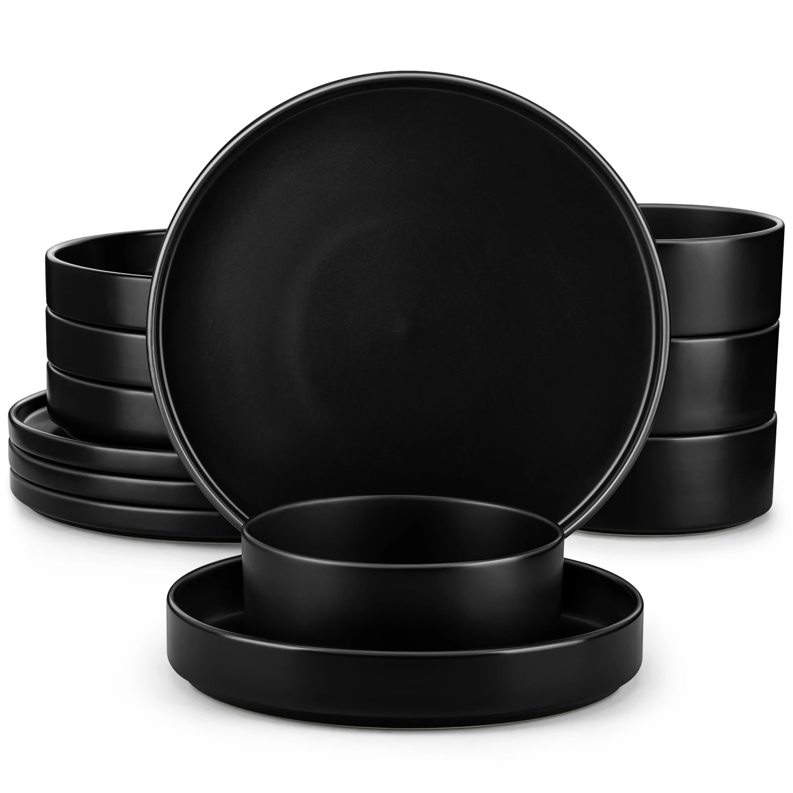 

vancasso 12 Piece Black Ceramic Plate Sets Stoneware Dinner Set Tableware Set with 4PCS Dinner Plate/Dessert/Bowl For 4 Person