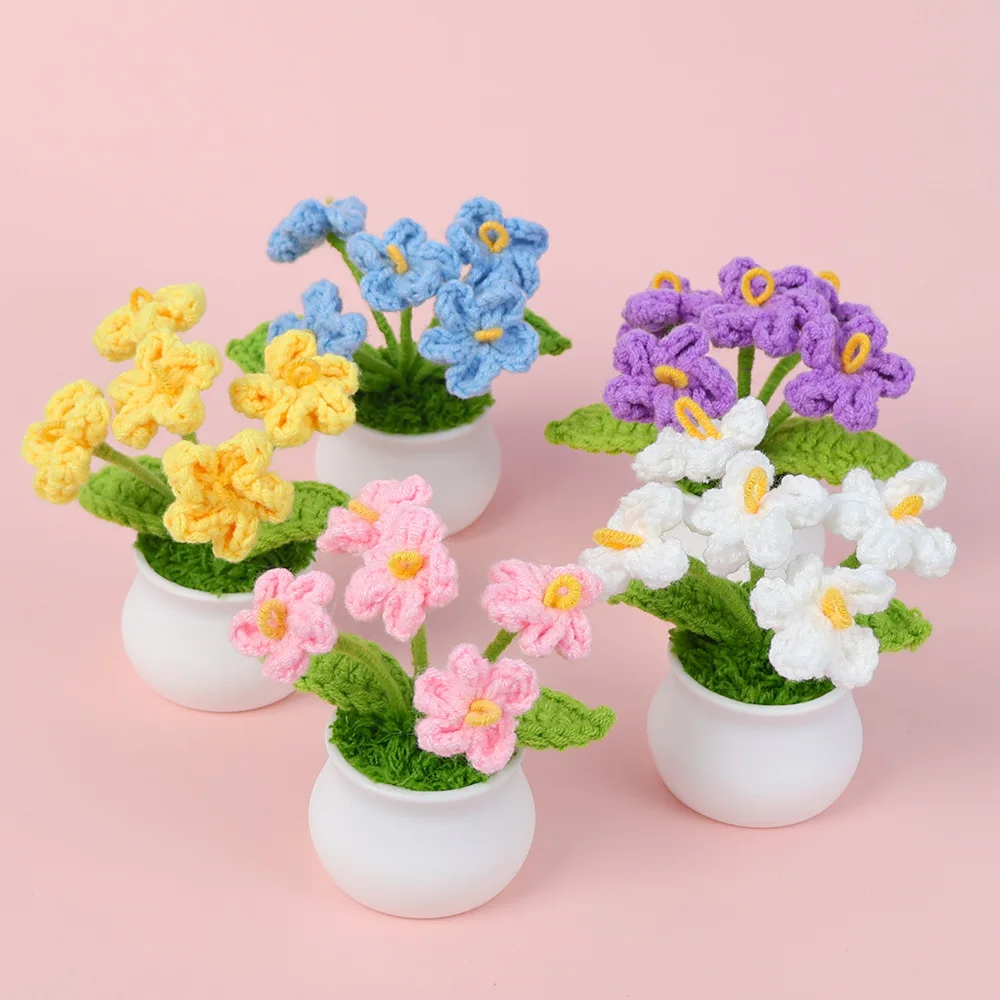 Cute Kintted Flowers Potted Creative Artificial Flower Crochet Plant for Car Desk Decor Flores Tejidas Friends Gift