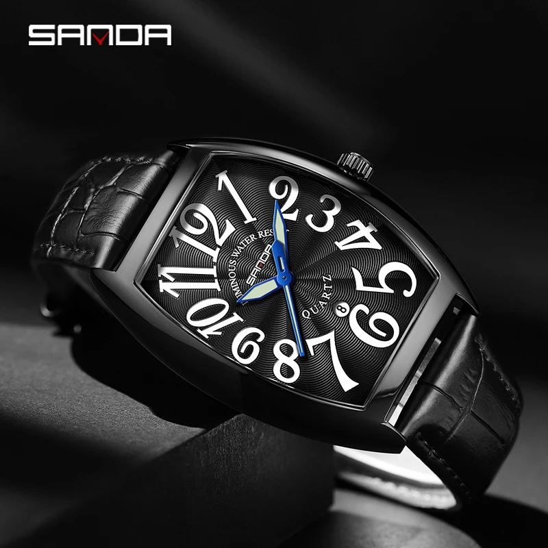 Fashion Top Sanda Men Luxury Brand Classic Quartz Watches Genuine Leather Strap Arabic Numeral Scale Waterproof Reloj Hombre