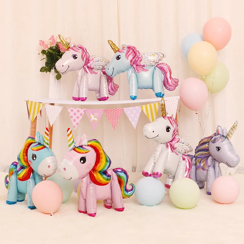 Happy Birthday Unicorn Balloons Figures Stand Cute Unicorn Foil Ballons Accesssories 3D Unicornio Horse Baby Shower Favors