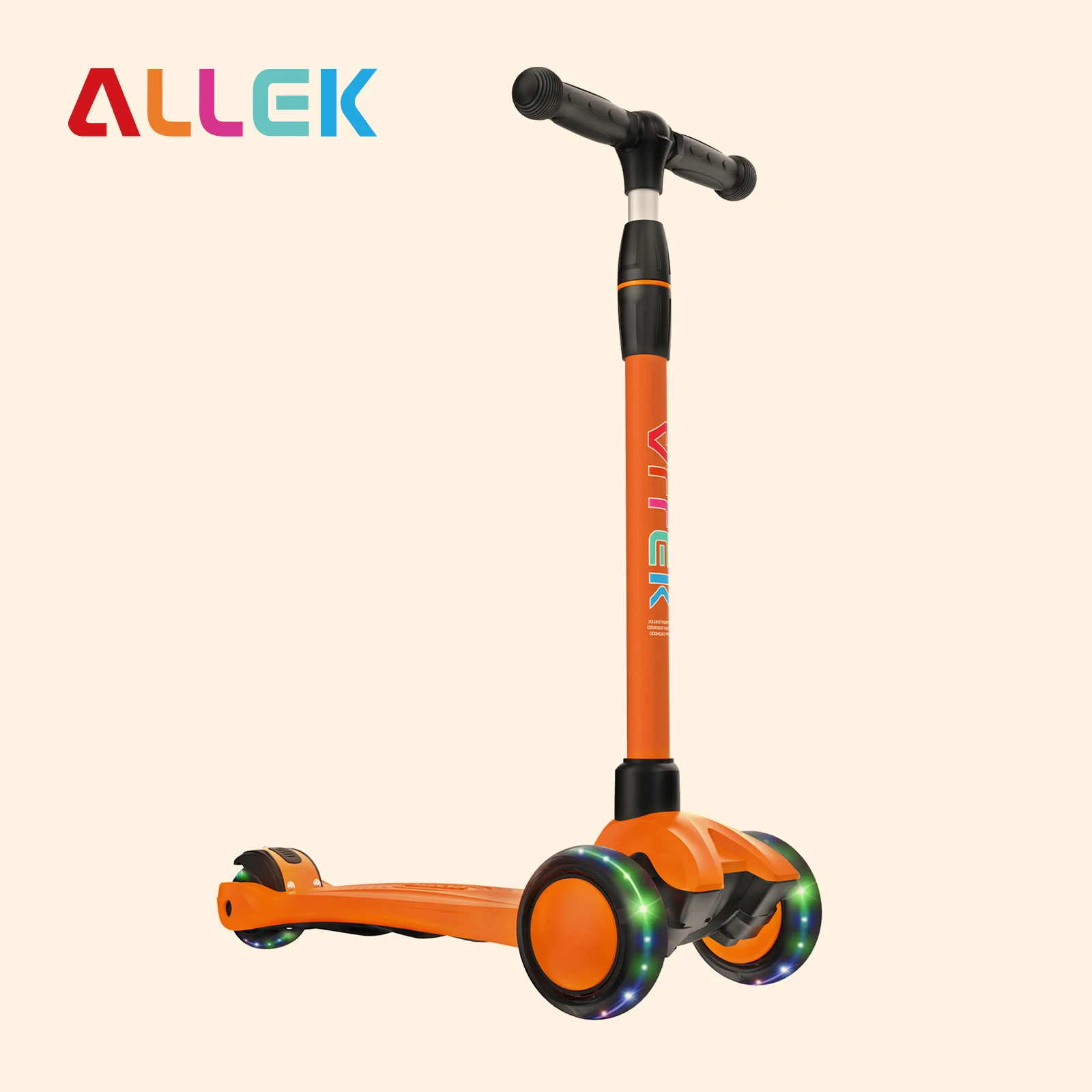 

Allek Kick Scooter Glide 3-Wheeled Kids Push Scooter with PU Light-Up Wheels Ajustable Height for Children 3-12yrs Orange Color