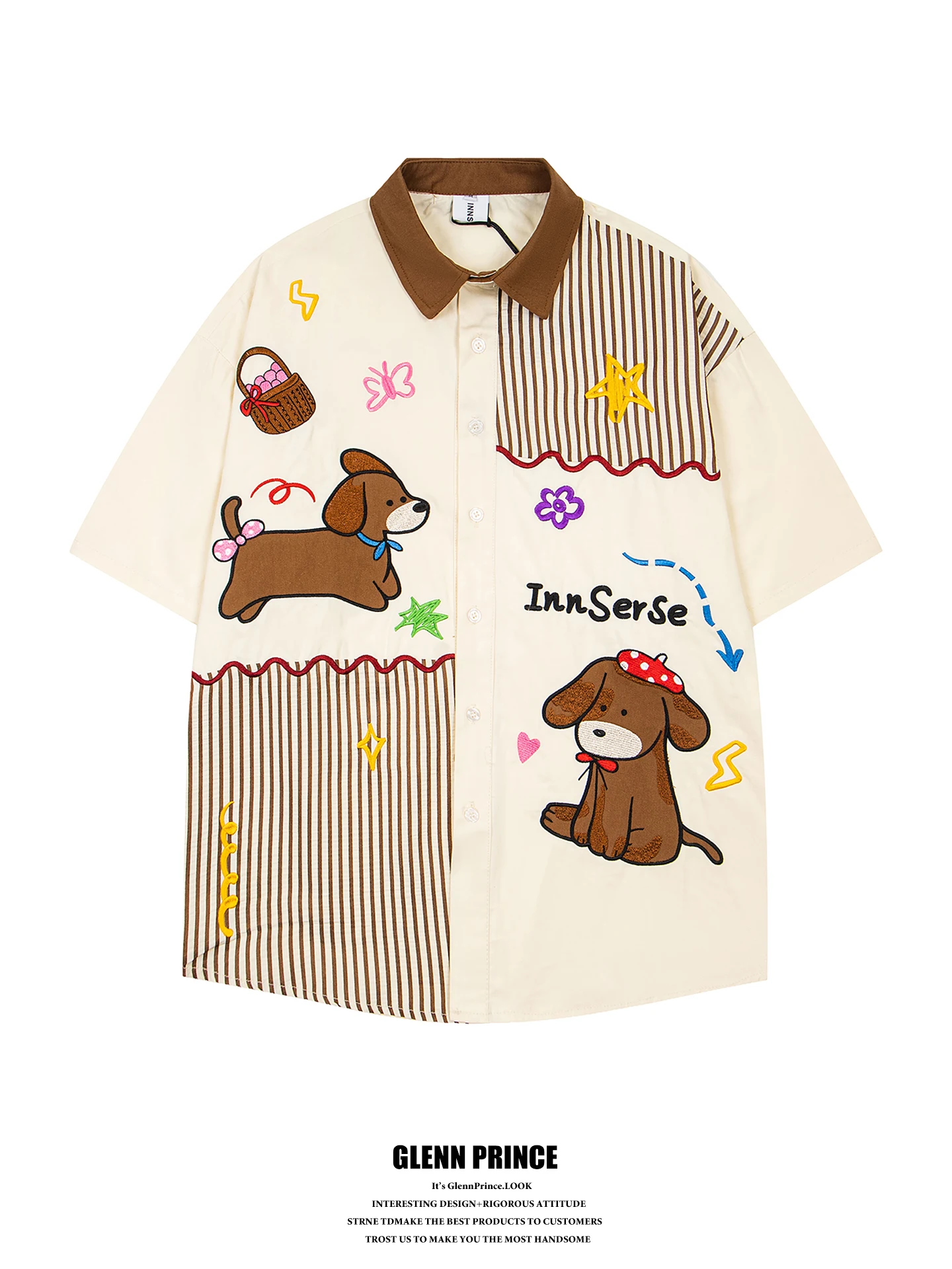 

Casual Summer Men's Short Sleeve Shirt Patchwork Doggies GPstudio Trendy Retro Fun Loose Fit Cotton Breathable Youth Shirt