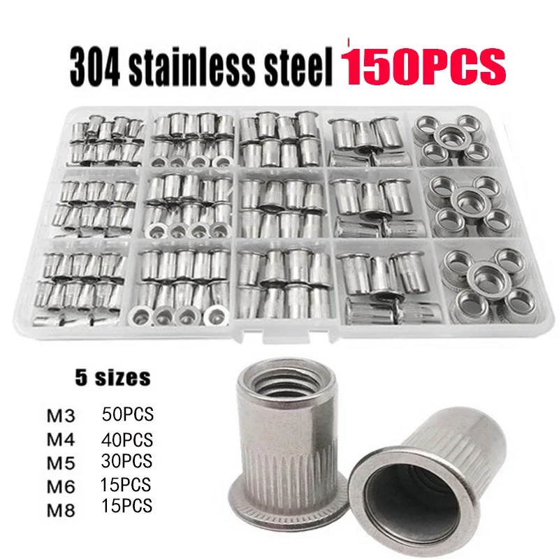 100/150/300pcs Box M3 M4 M5 M6 M8 M10 Flat Head Rivet Nuts Rivnut Set Assortment Kit 304 Stainless Steel Carbon Steel Aluminum