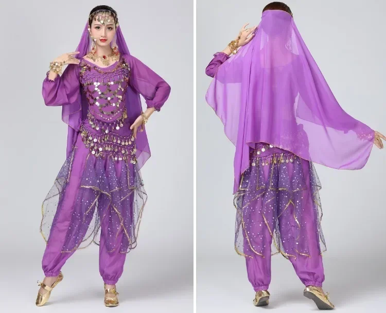 Adult Shiny Belly Dance Outfit Women Sequin Top+Pants Costume Set Lady Oriental Indian Dance Arabian Princess Clothes Outfit Set