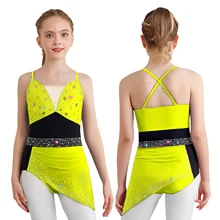 Children Girls Figure Skating Rhythmic Gymnastics Costume Spaghetti Straps Shiny Rhinestones Ballet Lyrical Dance Dress Leotard
