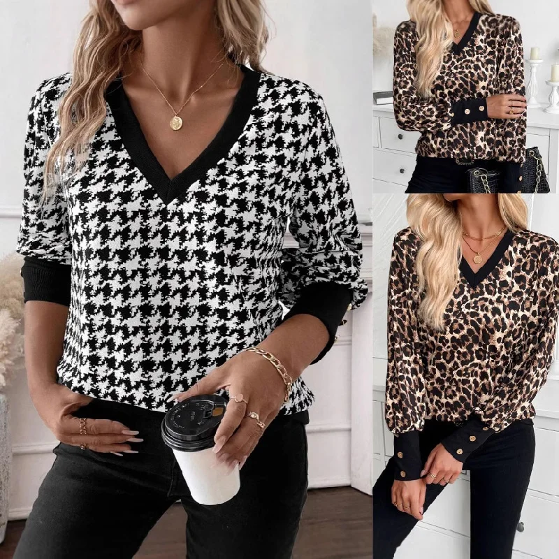Jesień Eleganckie Kobiety Patchwork V-neck Print Leopard Button Modne Luźne Minimalistyczne Casualowe Bluzy z kapturem T-shirt z długim rękawem Tops