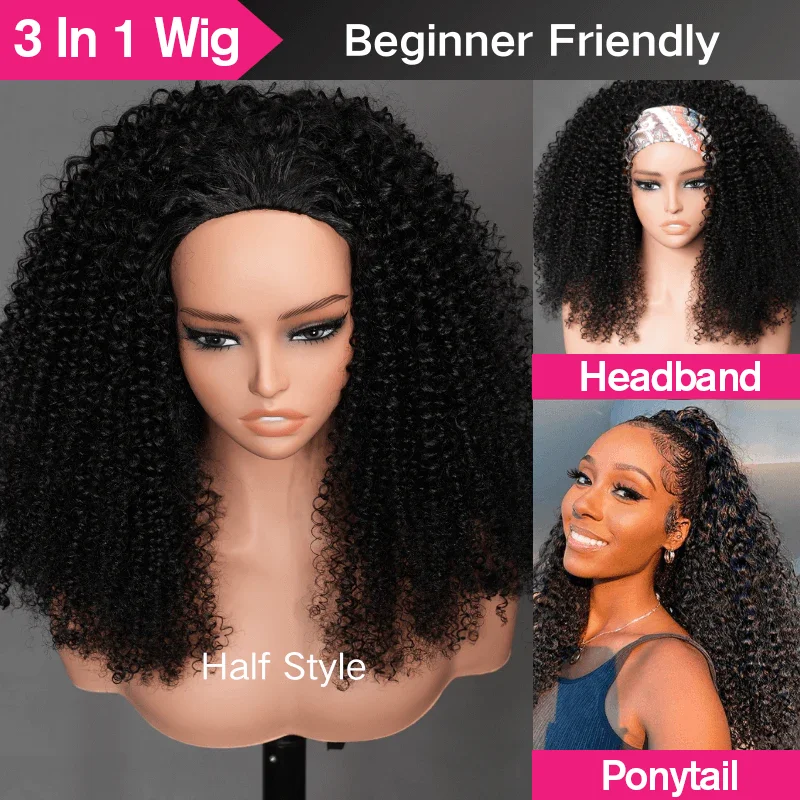 300% Half Wigs Human Hair 4C Kinky Curly Headband Wig Upgrade 3 IN 1 Half Wig With Drawstring Seamless Clip Ins Flip Over Wig