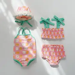 Bañador de una pieza para niñas pequeñas, traje de baño dividido con tirantes florales, con sombrero