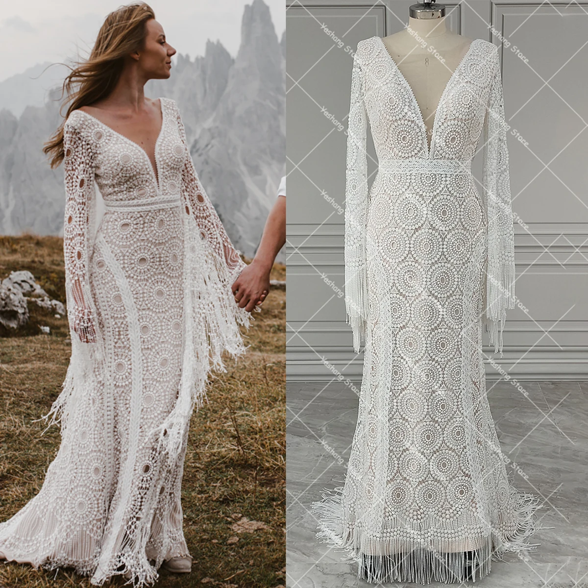 Customized Long Batwing Sleeve Bohemian Lace Wedding Dress Tassels Backless V Neck Real Pictures Plus Size Fringed Bridal Gown