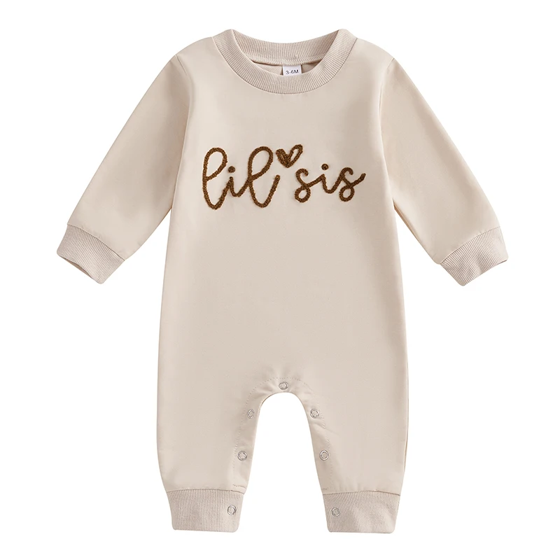 Baby Girls Autumn Casual Jumpsuit Long Sleeve Crew Neck Letter Embroidery Romper