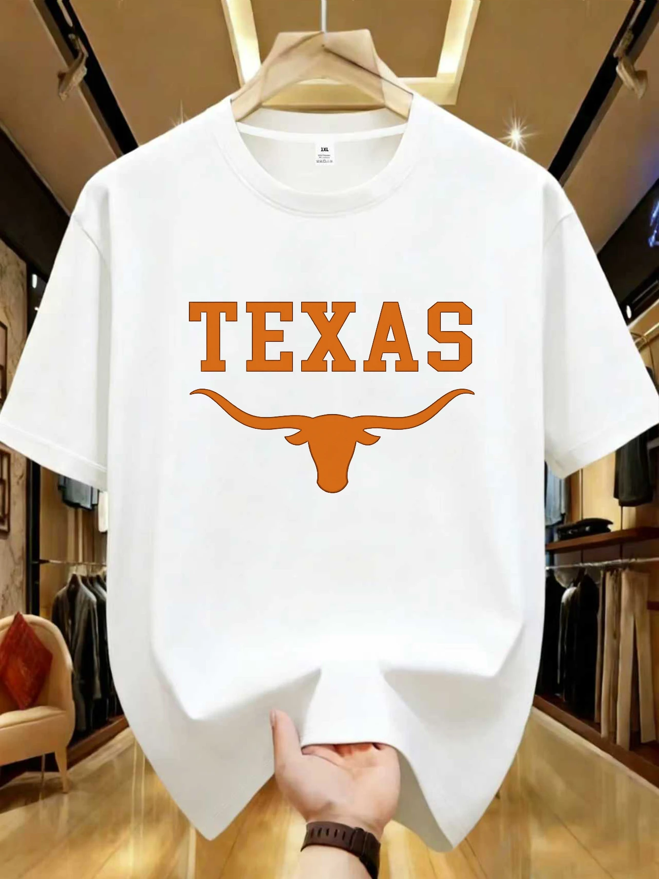 

【WDS0180】 Женская футболка с принтом Longhorn Logo Graphic Plus Size, летняя повседневная футболка с круглым вырезом и короткими рукавами, уличный стиль