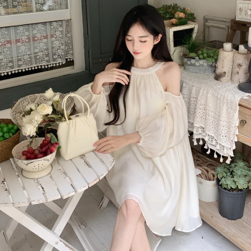 

Korean Off Shoulder Dress Women Summer Sexy Loose Halter Neck Fairy Dress Y2K Fashion Apricot Party Lantern Sleeves Vestidos
