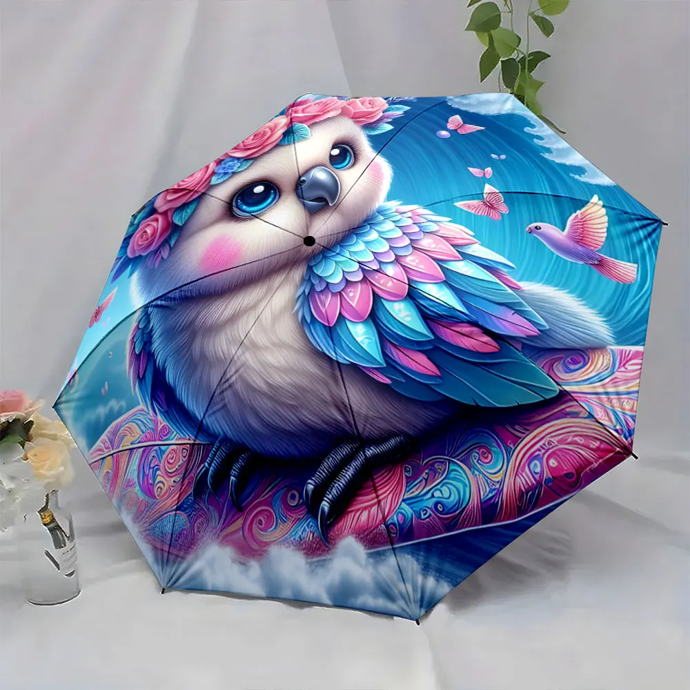 1PC Beautiful owl-themed umbrella with vibrant design and colors Print 8 Iron Ribs Folding Umbrella Auto-Open Fashion Sunshade